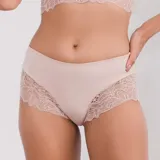 Bombacha de lycra color piel con laterales de encaje floral.