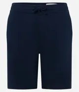Bermuda masculina de sarga color azul marino, con cintura elástica, cordón ajustable y bolsillos traseros.