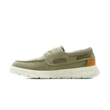 Zapato casual Hanker estilo náutico para hombre, confeccionado en lona color beige con cordones, suela blanca con efecto moteado y detalles en azul y marrón en el talón.