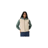 Chaleco beige de Eme Studios con cierre frontal de cremallera, múltiples bolsillos utilitarios con solapa y detalles de argollas metálicas. Presenta estampados sutiles en el pecho.