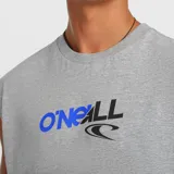 Musculosa O'Neill de corte amplio y estilo noventero, color gris melange, con cuello redondo y estampa frontal con el logotipo de la marca en azul y negro.