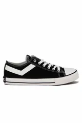 Championes deportivos Pony modelo GM 877 de lona negra, con detalles en blanco, pasadores blancos y suela de goma con puntera reforzada.