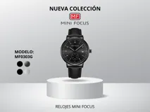 Reloj Mini Focus modelo MF0303G para hombre, con caja de metal color negro, dial negro con detalles en blanco y correa de cuero negra.
