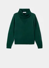 Jersey de punto fino en color verde oscuro, con cuello drapeado y manga larga. Presenta un diseño recto y ligero.