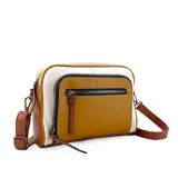 Cartera bandolera de diseño tricolor en tonos amarillo, marrón y negro, con múltiples compartimentos frontales con cierre y correa larga regulable y desmontable.