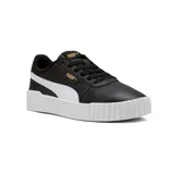 Championes Puma modelo Carina 3.0, de color negro con la franja característica en blanco y suela de plataforma acanalada. Presenta detalles de la marca en dorado.