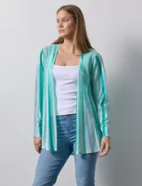 Cardigan largo plisado marca Ruby Rd, con diseño a rayas verticales en tonos verde agua, blanco y lila.