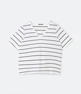 Blusa de algodón rayada en blanco y negro, con cuello en V y mangas cortas.