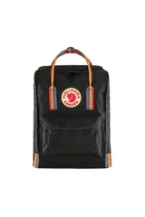Mochila Fjallraven Kanken modelo Rainbow Mini, color negro con detalles de arcoíris en tirantes y laterales. Fabricada en Vinylon F, con logo reflectante y etiqueta interior para nombre y dirección.