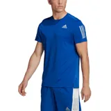 Remera de running Adidas Own The Run Tee, color azul con tres rayas blancas en las mangas y logo blanco en el pecho.