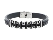 Pulsera de goma negra con detalles de acero inoxidable y cierre de hebilla.