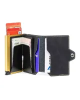 Billetera tipo tarjetero de cuero negro con caja de aluminio interna y sistema de deslizamiento para tarjetas. Cuenta con cierre mediante broche a presión.