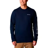 Buzo de cuello redondo marca Columbia, color azul marino, con logo de la marca estampado en el pecho y en la manga izquierda.