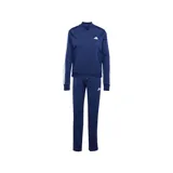 Conjunto deportivo Adidas Essentials 3 Rayas azul marino con detalles en blanco. Incluye campera con cierre frontal, cuello alto y pantalón con cintura elástica.