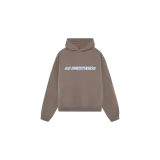 Hoodie oversize Eme Studios de color marrón, con capucha, bolsillo frontal tipo canguro y estampado gráfico con el logo de la marca en el pecho.