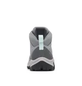Bota de senderismo impermeable Columbia, color gris con detalles en coral. Presenta una combinación de cuero y malla en la parte superior, con entresuela amortiguada y suela de goma con tracción avanzada para diversos terrenos.