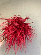 Broche decorativo de tela roja, con forma de pompón o flor, compuesto por tiras finas de material textil que le dan un gran volumen y textura.