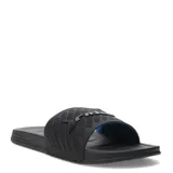 Sandalias tipo slide Rider, color negro con detalle interior en azul. Presentan una banda ancha con textura acanalada y el logo de la marca en relieve.