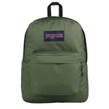 Mochila Jansport Superbreak Plus color verde militar con logo de la marca en azul y rojo. Cuenta con un compartimento principal con cierre, un bolsillo frontal con cierre y un asa de mano en la parte superior.