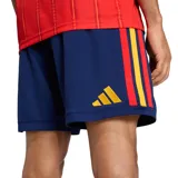 Short de fútbol Adidas de la selección española, modelo Home 2026. Diseño azul marino con detalles en rojo y amarillo en los laterales. Incluye escudo de España y logo de Adidas.