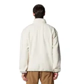 Buzo polar Columbia modelo Helvetia Snap Fleece, de color blanco crema con detalles en color marrón en la solapa de botones y el bolsillo. Presenta cuello alto con cierre de botones a presión, bolsillo frontal con cierre y logo de la marca en el pecho.
