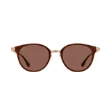 Lentes de sol con montura redonda de madera color marrón con acabado marmolado y detalles dorados.