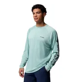 Remera deportiva de manga larga Columbia Terminal Tackle, color verde menta, con tecnología Omni-Shade y Omni-Wick. Presenta mangas raglán y logo de la marca estampado en el pecho y en la manga izquierda.
