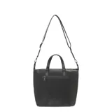 Cartera tipo tote de Las Oreiro en color negro, confeccionada en material sintético. Presenta un bolsillo frontal con cierre, doble asa superior y correa larga ajustable y desmontable. Incluye detalle metálico con forma de labios en la parte inferior.