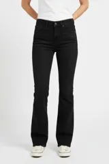 Pantalón de jean negro de tiro alto y corte oxford con diseño de cinco bolsillos y cierre frontal con botón y cremallera.