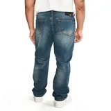 Jeans de mezclilla color azul, de corte recto y diseño clásico de cinco bolsillos.