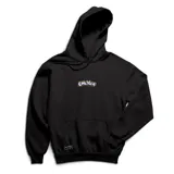 Canguro negro con capucha y bolsillo frontal tipo canguro. Presenta un diseño estampado en el pecho con el logo de la marca en estilo graffiti con contorno amarillo y relleno lila. Incluye una etiqueta pequeña en la parte inferior del bolsillo.