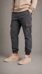 Pantalón cargo color gris oscuro, con bolsillos laterales tipo cargo con solapa, cintura elástica y puños ajustados en los tobillos.