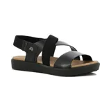 Sandalia plana de cuero color negro para mujer, con tiras cruzadas elásticas y de cuero, suela sintética y plantilla en tono tostado.