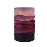 Cuello multifuncional Buff modelo Original Ecostretch, con diseño estampado de paisaje montañoso en degradado de tonos rojizos, bordó y violeta.