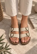 Sandalias planas de mujer con doble tira en tono mostaza de acabado gamuzado, sujetas por dos hebillas metálicas de estilo rústico y base marrón.