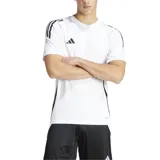 Remera de fútbol Adidas Tiro 24, color blanco con tres tiras negras en los hombros y logo bordado en el pecho. Confeccionada en tejido transpirable AEROREADY.