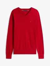 Sweater de punto rojo con cuello en V, manga larga, puños y bajo acanalados, y pequeño logo bordado en el pecho.