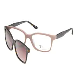 Lentes con armazón óptico color visón y patillas carey, incluye clip-on de sol desmontable con patrón carey y cristales degradé.