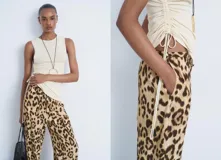 Pantalon de tiro medio con diseño recto y fluido, confeccionado en viscosa con estampado animal print de leopardo. Cuenta con cintura elástica con lazo de ajuste, forro interior y bolsillos laterales.