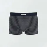 Pack de tres bóxers de algodón elástico para hombre. Incluye un bóxer azul marino liso, uno gris con lunares blancos y uno gris a rayas horizontales azules.