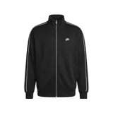 Campera deportiva Nike con cierre frontal completo, cuello alto y bolsillos laterales. Presenta un diseño en color negro con detalles de líneas blancas en los hombros y mangas, y el logo de la marca bordado en el pecho.