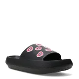 Sandalias tipo slide Miss Carol modelo Hearty, de color negro con suela de plataforma y apliques decorativos en forma de labios con ojos.