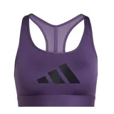 Top deportivo Adidas Powerreact de sujeción media, color violeta con logo de la marca estampado en negro en el frente. Presenta espalda estilo nadador con panel de malla para mayor ventilación y banda elástica inferior.