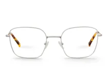 Armazón de anteojos Mr Boho Dynamite, de metal color plateado, con forma geométrica y patillas con estampado carey.