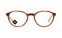 Armazón de anteojos con diseño redondeado en color carey marrón, fabricado en acetato.