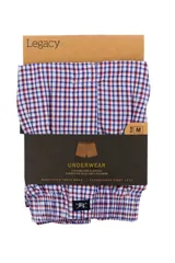 Calzoncillo bóxer de tela a cuadros rojos, azules y blancos, con cintura elástica.