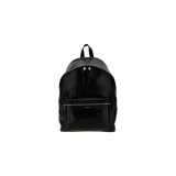 Mochila Saint Laurent City en cuero negro con relieve de cocodrilo, compartimento principal con cierre y bolsillo frontal con cierre.