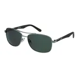 Lentes de sol estilo aviador con montura metálica gris y cristales polarizados oscuros. Presentan un diseño resistente con doble puente y patillas con terminación en material oscuro.