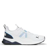Championes Puma Anzarun 2.0 de diseño deportivo, color blanco con detalles en azul y negro. Presentan una parte superior de malla transpirable con refuerzos sintéticos, logo de la marca en el lateral y una suela con amortiguación reforzada en el talón.