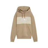 Buzo con capucha color beige con banda horizontal blanca con el logo de Puma en el pecho y bolsillo tipo canguro.